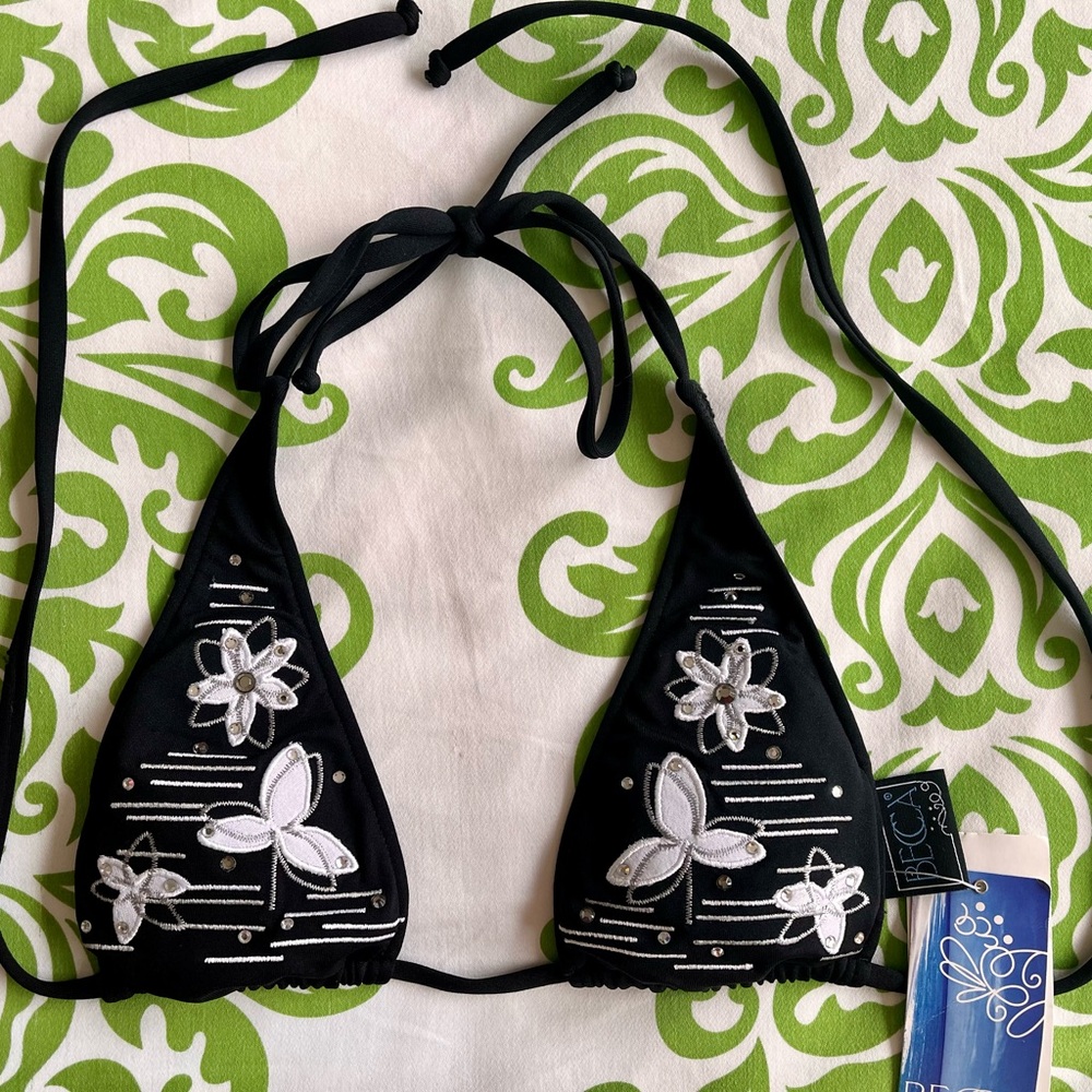 BECCA Black Floral Embroidered Bikini Top